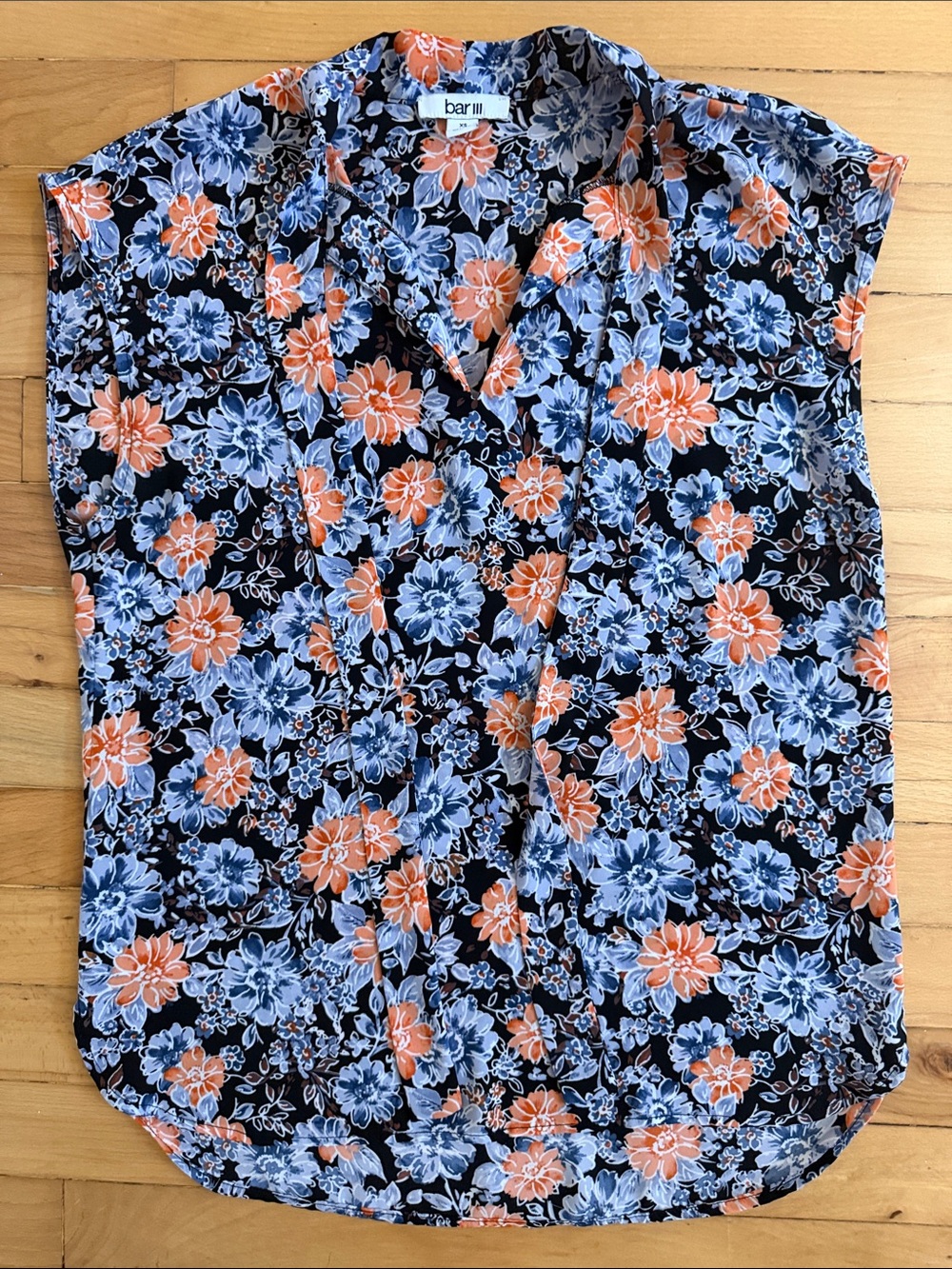 Bar III Black Floral Button-Front Top with Blue & Orange Blooms